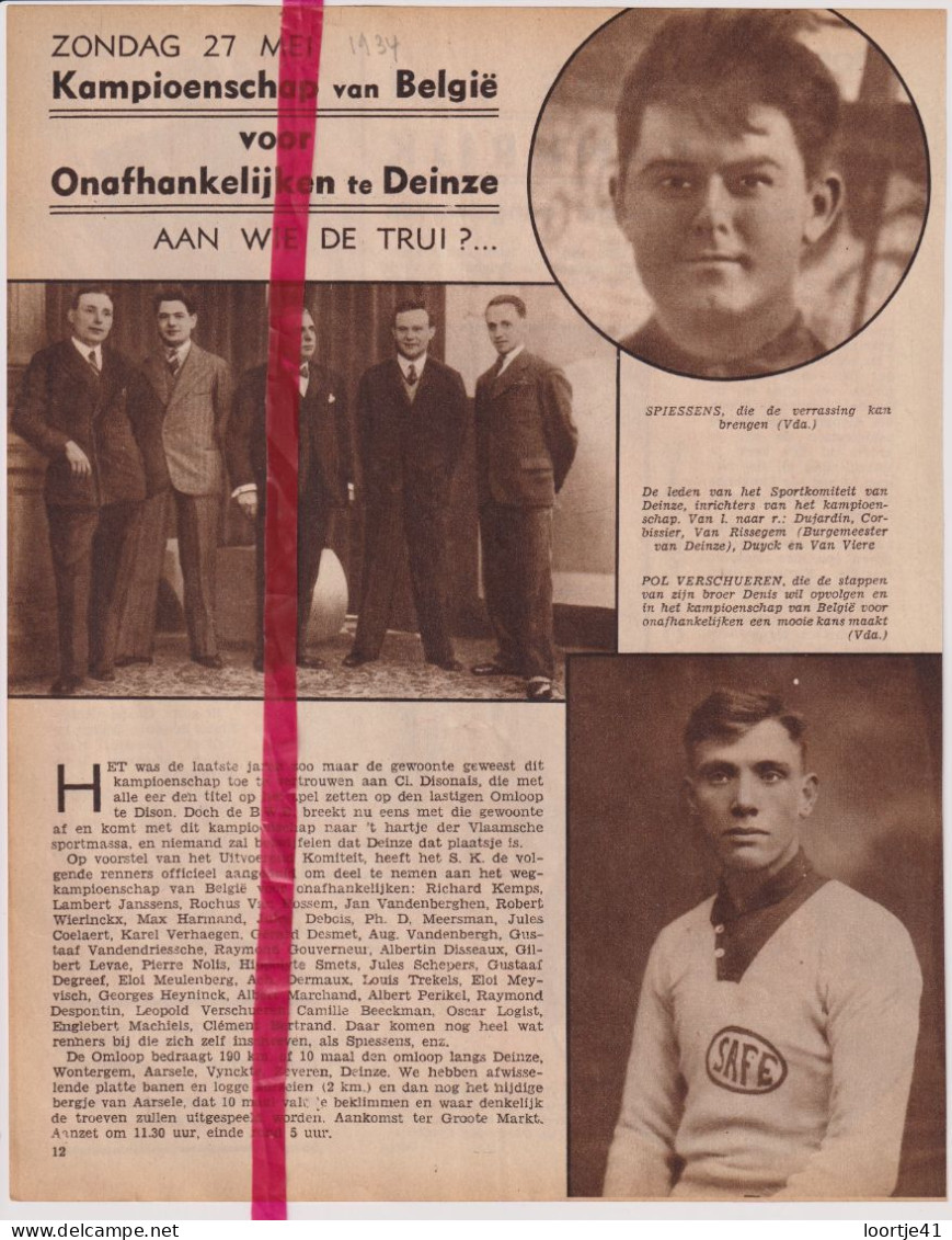 Deinze - Wielrennen Kampioenschap Van België - Orig. Knipsel Coupure Tijdschrift Magazine - 1934 - Ohne Zuordnung