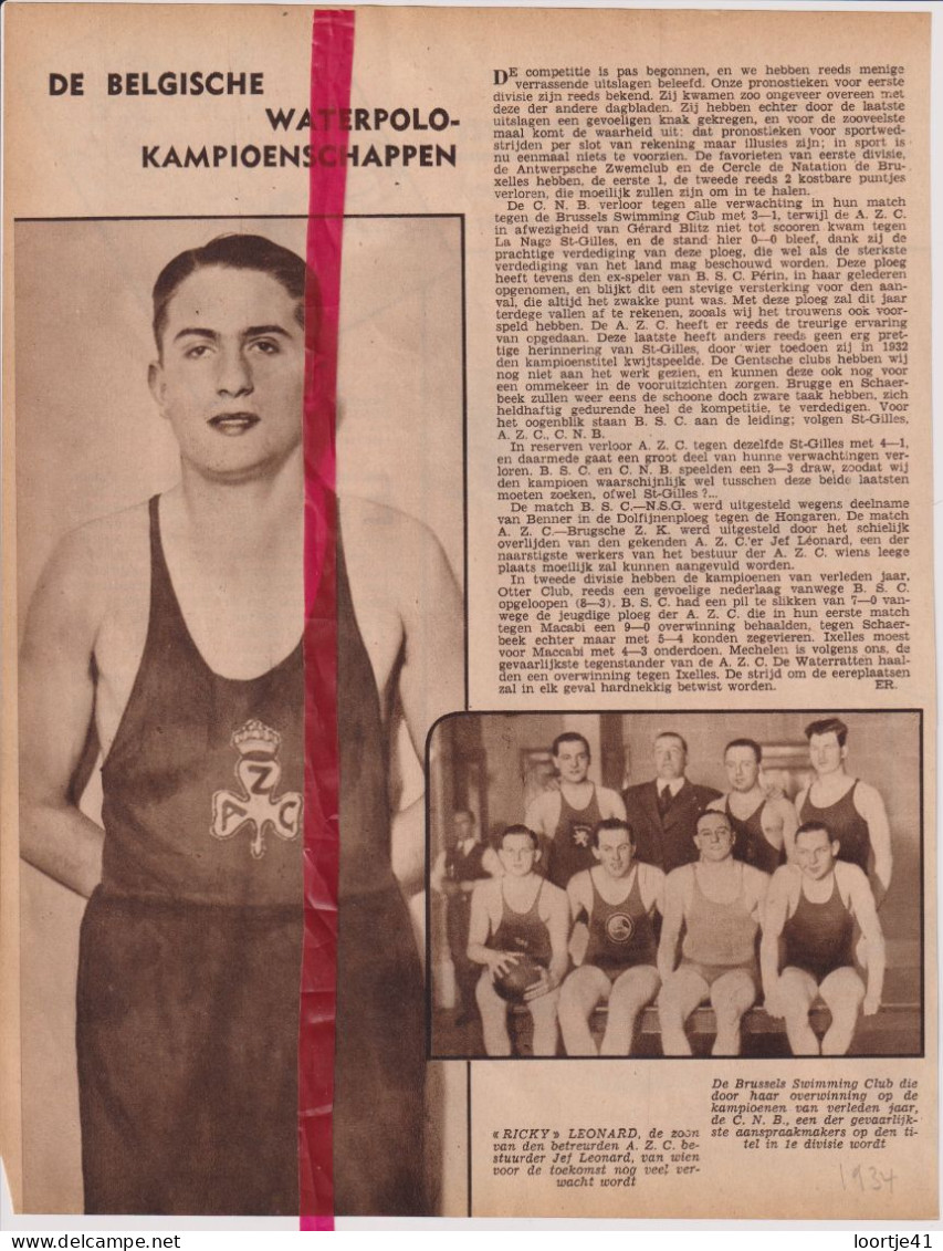Waterpolo - Brussels Swimming Club - Orig. Knipsel Coupure Tijdschrift Magazine - 1934 - Unclassified