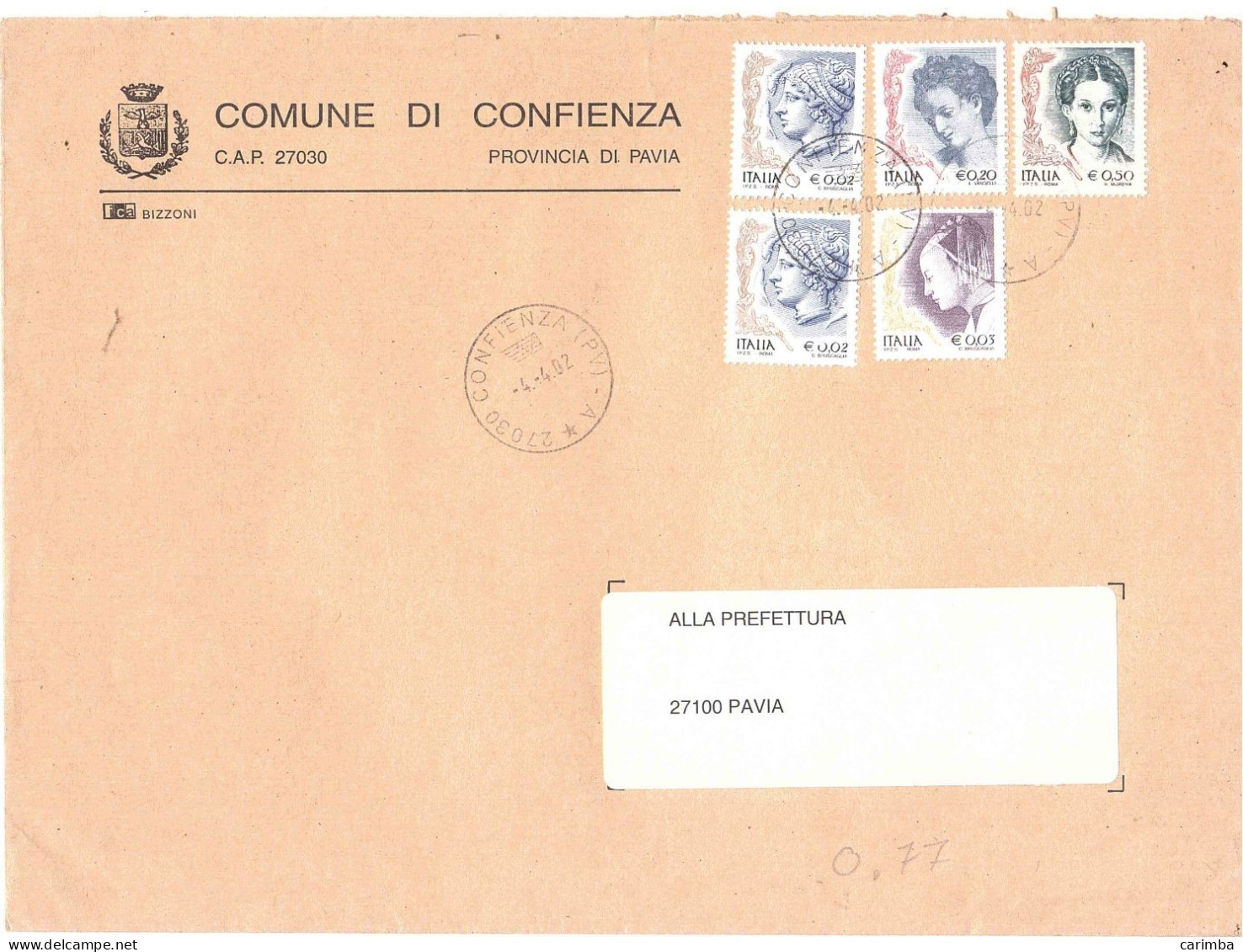 AFFRANCATURA DONNE BUSTA COMUNE DI CONFIENZA PAVIA - 2001-10: Marcophilia