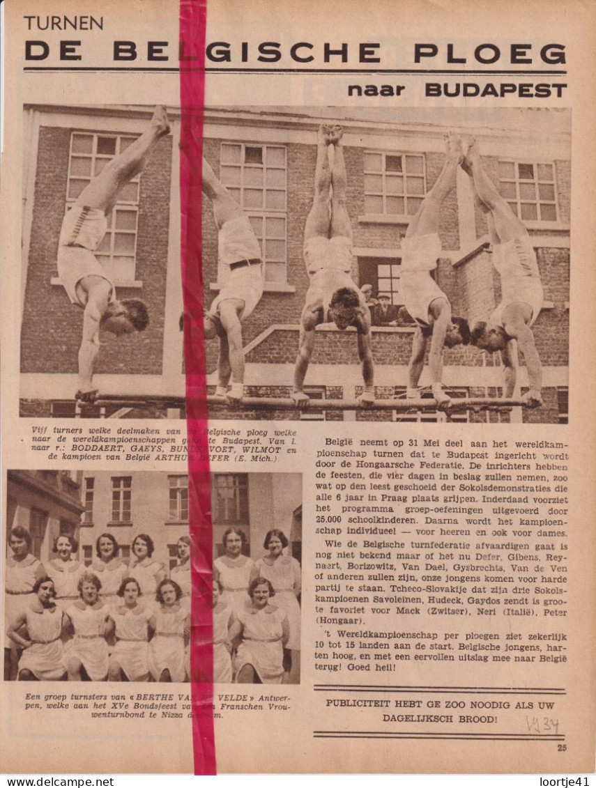 Turnen - De Belgische Ploeg Naar Budapest - Orig. Knipsel Coupure Tijdschrift Magazine - 1934 - Ohne Zuordnung
