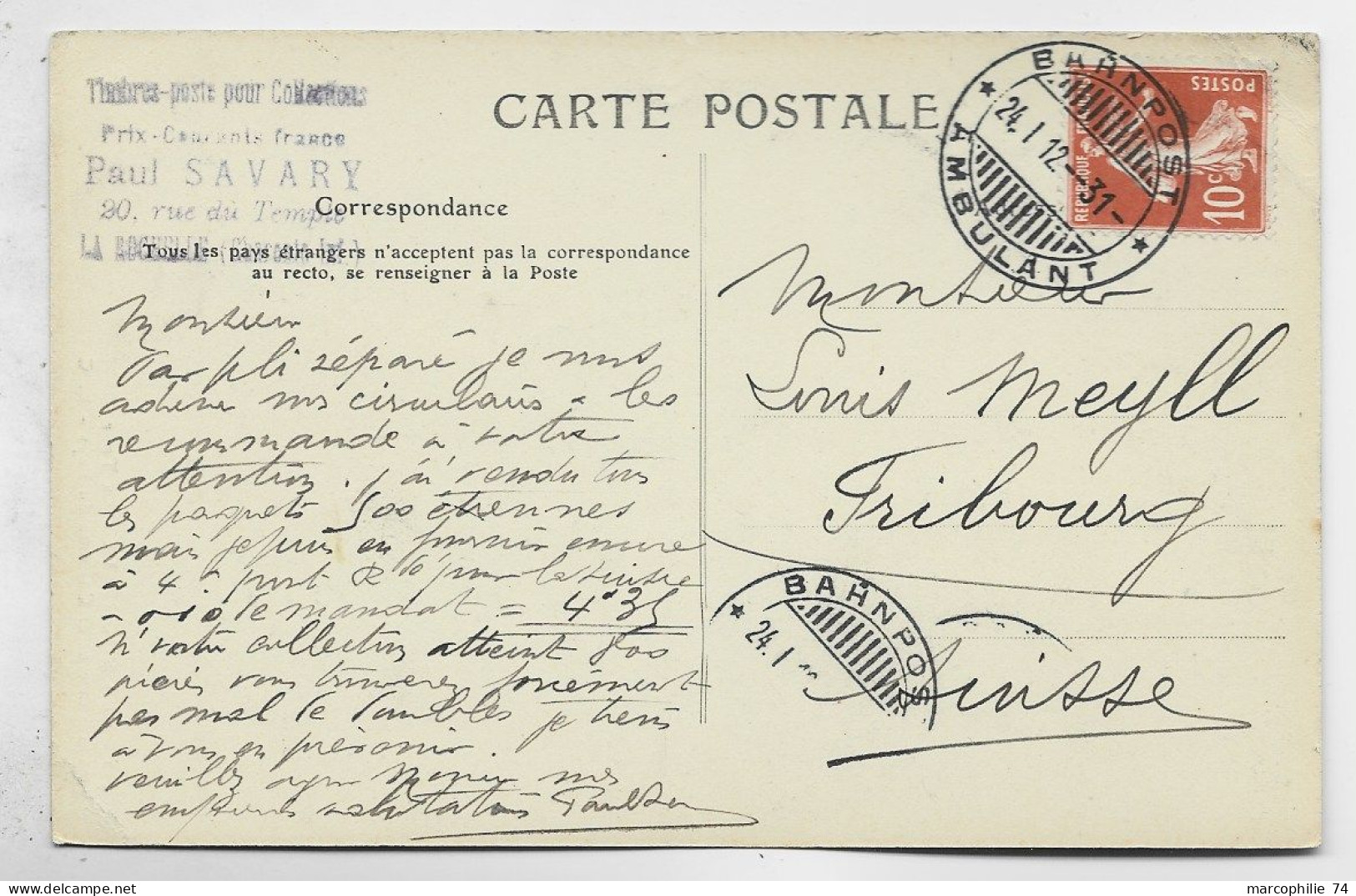 FRANCE SEMEUSE 10C N° 138 CARTE LA ROCHELLE POUR FRIBOURG SUISSE OBL BAHNPOST AMBULANT 24.1.1912 - 1906-38 Sower - Cameo