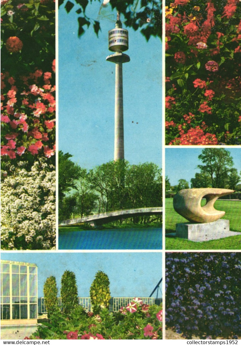 VIENNA, MULTIPLE VIEWS, INTERNATIONAL GARDEN SHOW, FLOWERS, TOWER, BRIDGE, ARCHITECTURE, SCULPTURE, AUSTRIA, POSTCARD - Wien Mitte