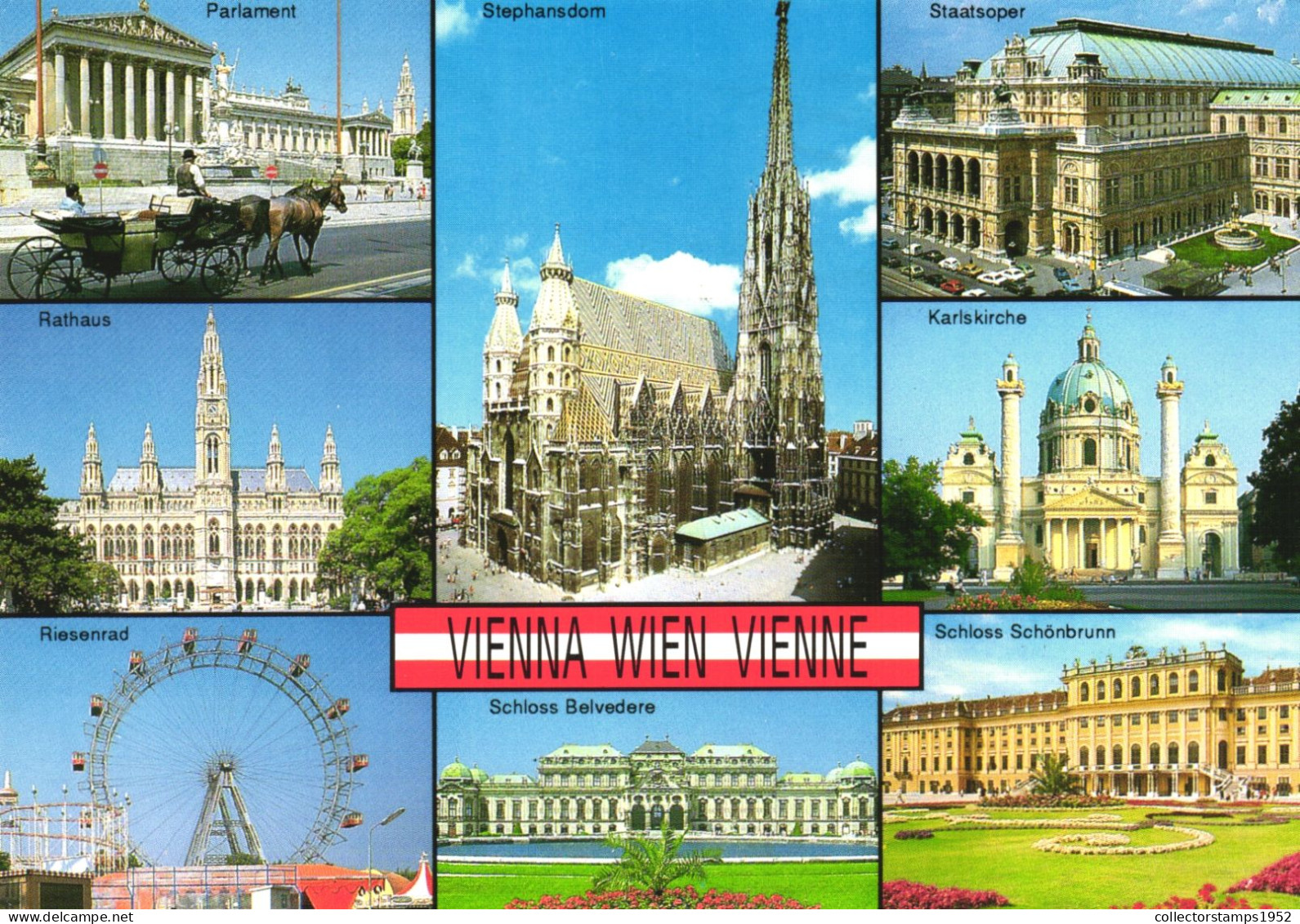 VIENNA, MULTIPLE VIEWS, CHURCH, CARRIAGE, HORSES, ARCHITECTURE, PARLIAMENT, GIANT WHEEL, TOWNHALL, AUSTRIA, POSTCARD - Vienna Center