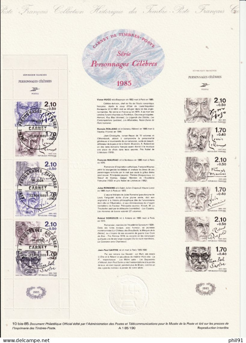 FRANCE    Document "Collection Historique Du Timbre Poste"    Carnet Personages Célèbres 1985 - Documents De La Poste