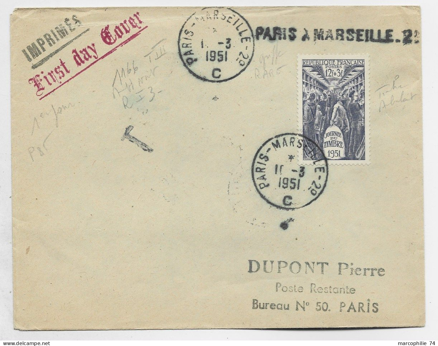 FRANCE SURTAXE 12FR N°879 SEUL LETTRE AMBULANT PARIS A MARSEILLE 2°C 10.3.1951 + GRIFFE 1ER JOUR DU TIMBRE - 1950-1959