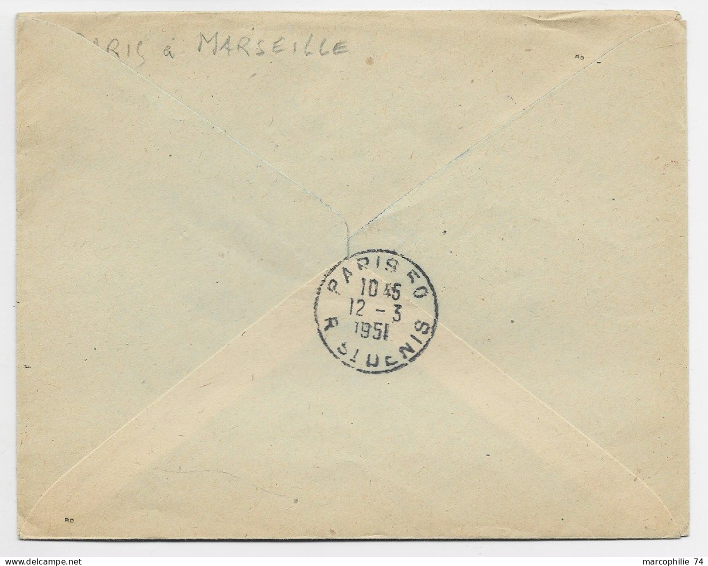 FRANCE SURTAXE 12FR N°879 SEUL LETTRE AMBULANT PARIS A MARSEILLE 2°C 10.3.1951 + GRIFFE 1ER JOUR DU TIMBRE - 1950-1959