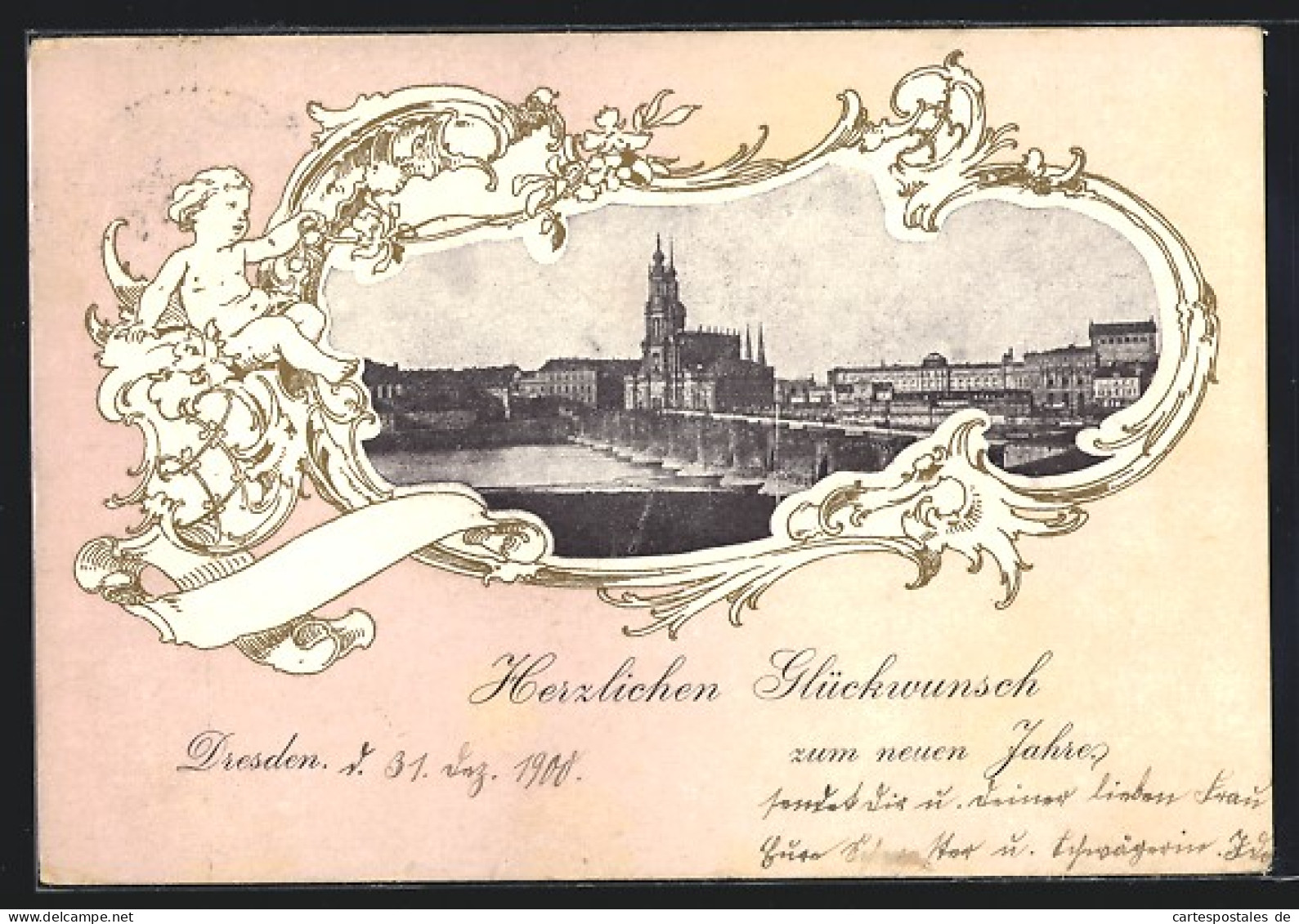 Passepartout-AK Dresden, Teilansicht Mit Brücke, Ornament Mit Kinderfigur, Neujahrsgruss  - Dresden