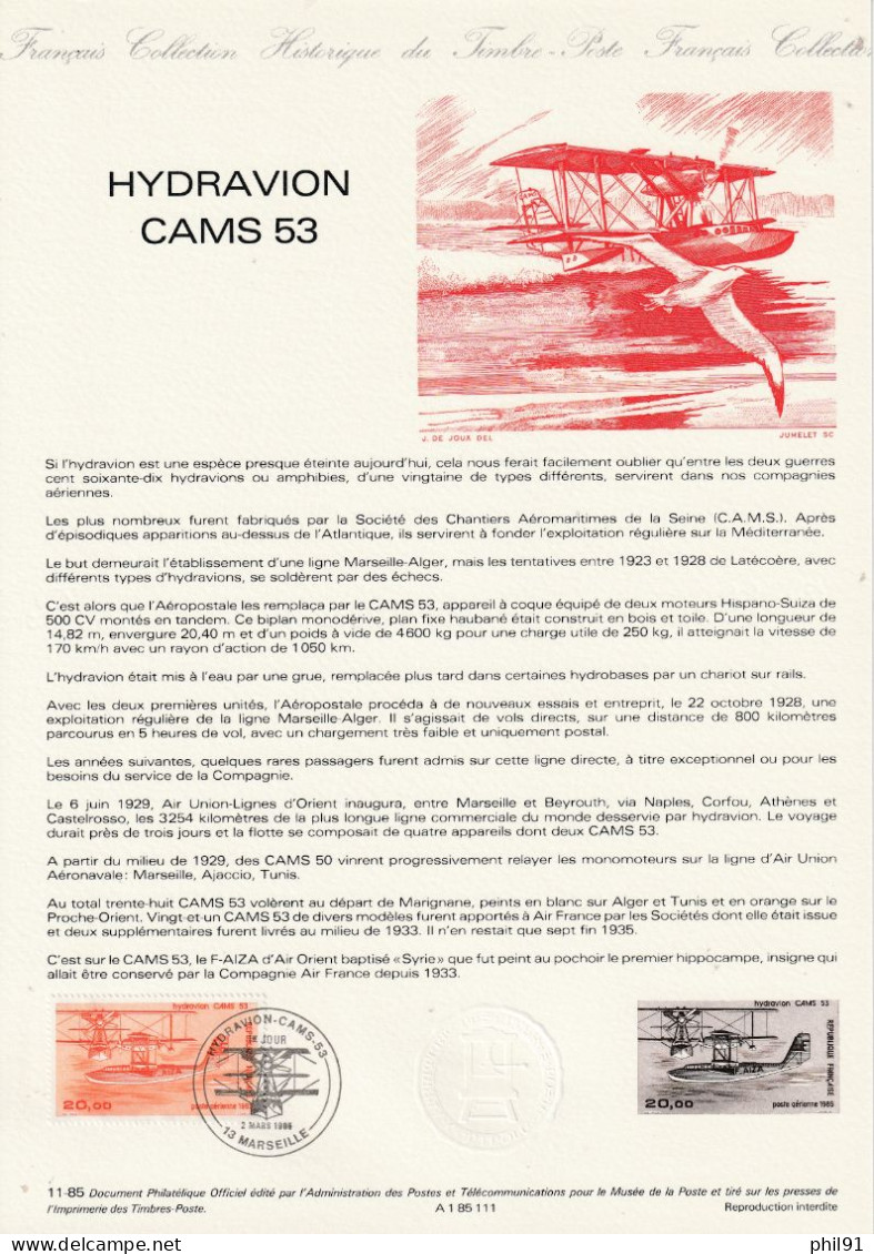 FRANCE    Document "Collection Historique Du Timbre Poste"    Hydravion CAMS53   N° Y&T  PA58 - Documents Of Postal Services