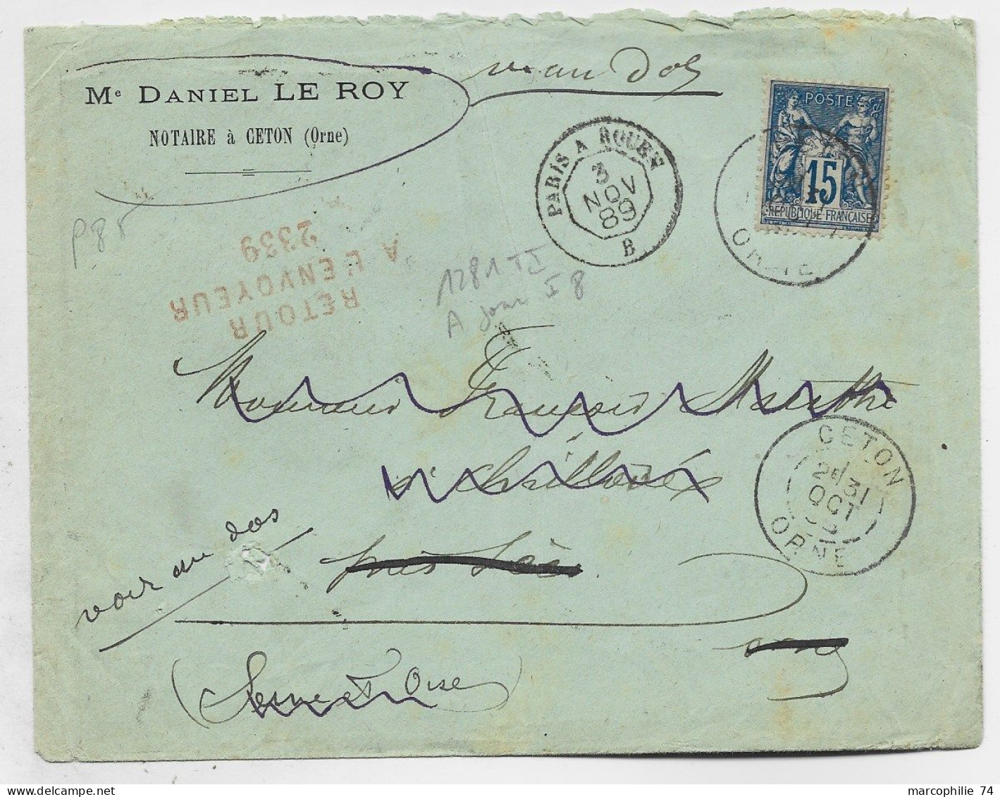 FRANCE SAGE 15C LETTRE AMBULANT PARIS A ROUEN B 3 NOV 1889 POUR SEES ORNE + RETOUR 2339 + REEXP - Poste Ferroviaire