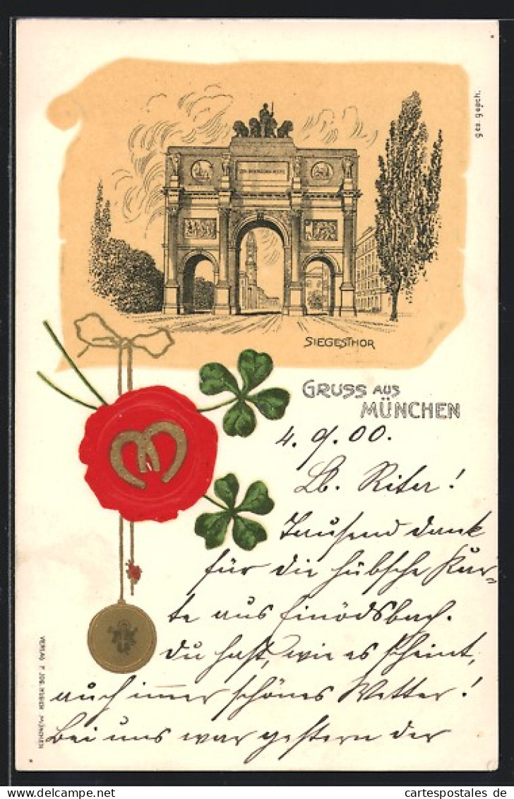 Präge-Lithographie München, Siegestor, Siegel Mit Kleeblättern  - Muenchen
