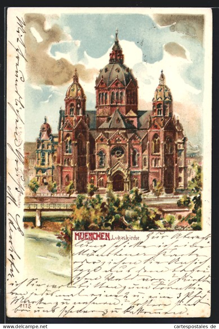Lithographie München, Lukaskirche Thierschstrasse  - Muenchen