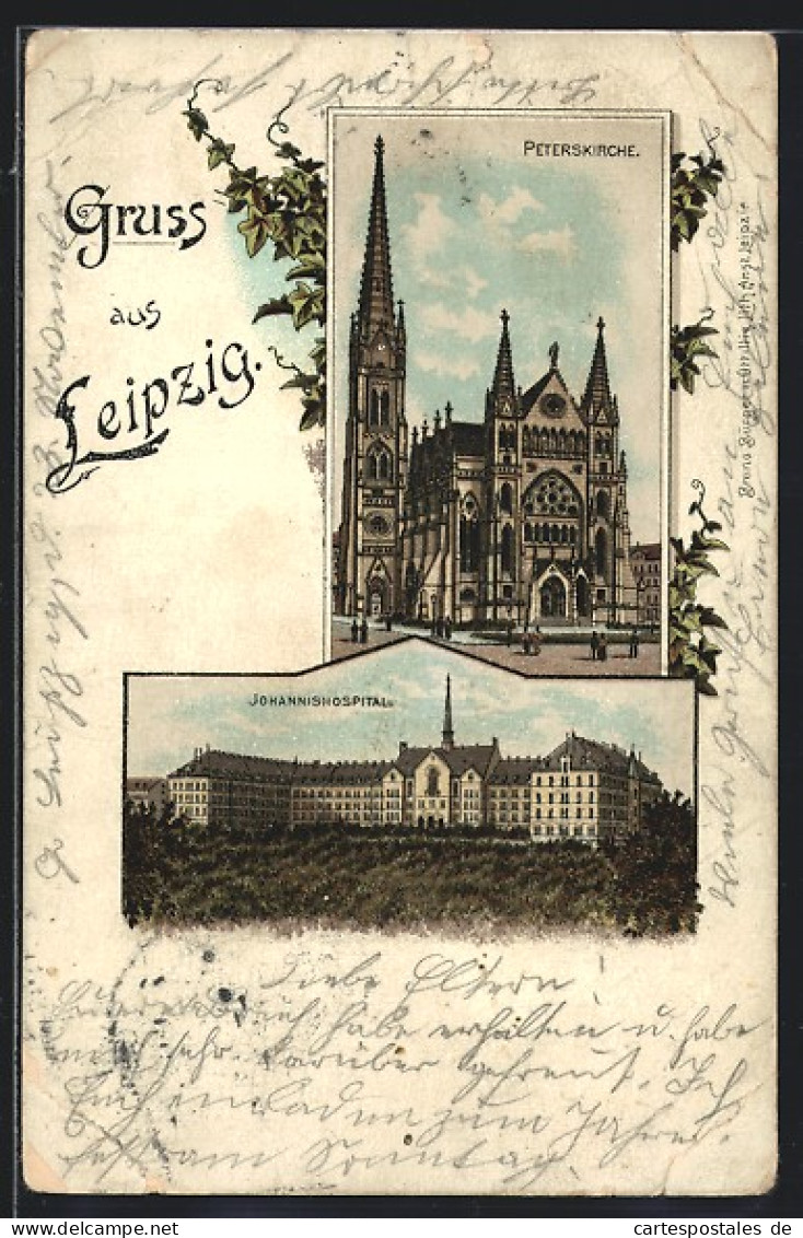 Lithographie Leipzig, Johannishospital, Peterskirche  - Leipzig