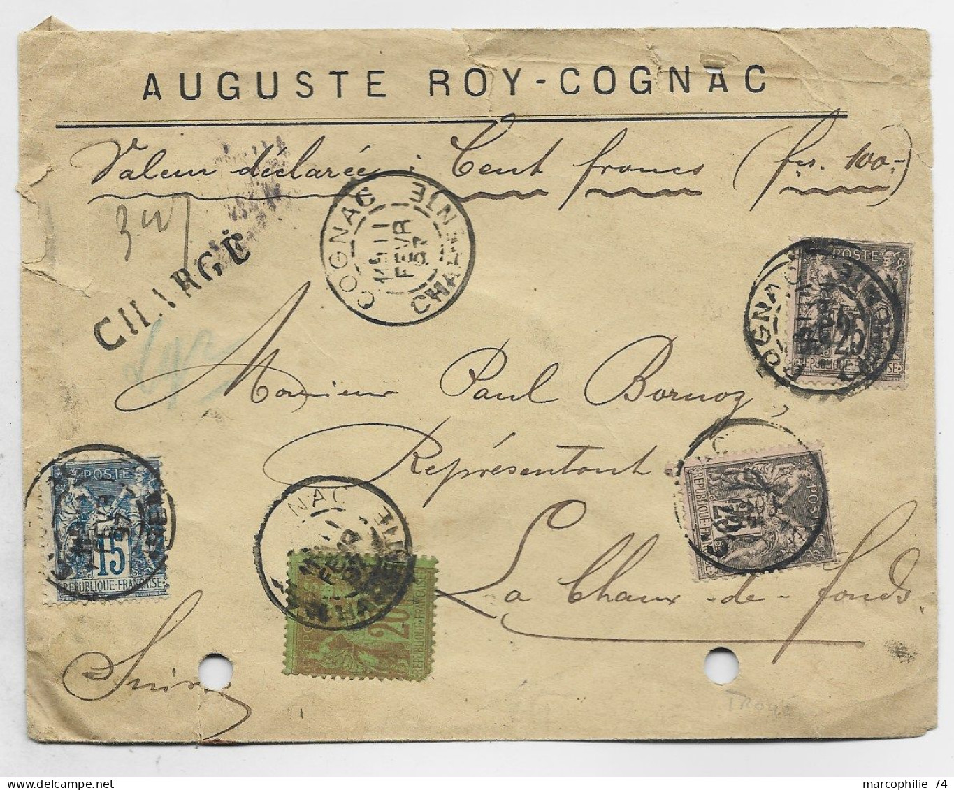 FRANCE SAGE 15C +25CX2+20C BRIQUE PD LETTRE CHARGE COGNAC 11 FEVR 1897 POUR SUISSE - 1877-1920: Semi Modern Period