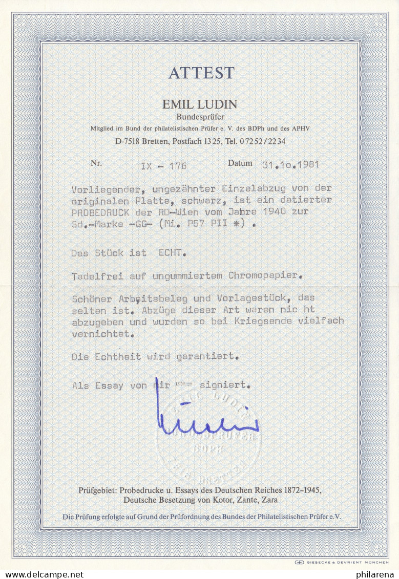 Generalgouvernement (GG) MiNr. 57 P3, BPP Attest - Occupation 1938-45