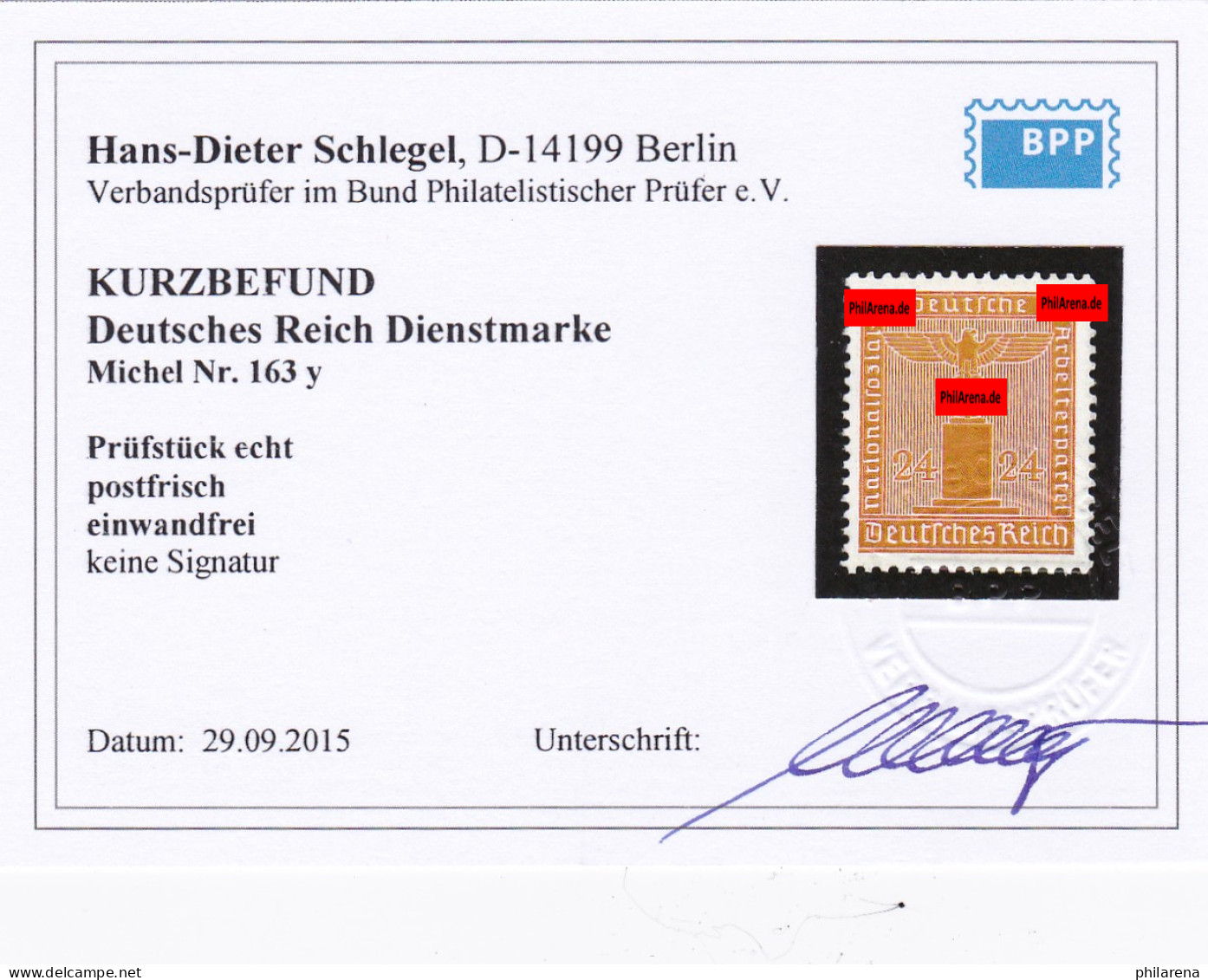 Deutsches Reich: Dienstmarke MiNr. 163y, **, BPP Befund - Service