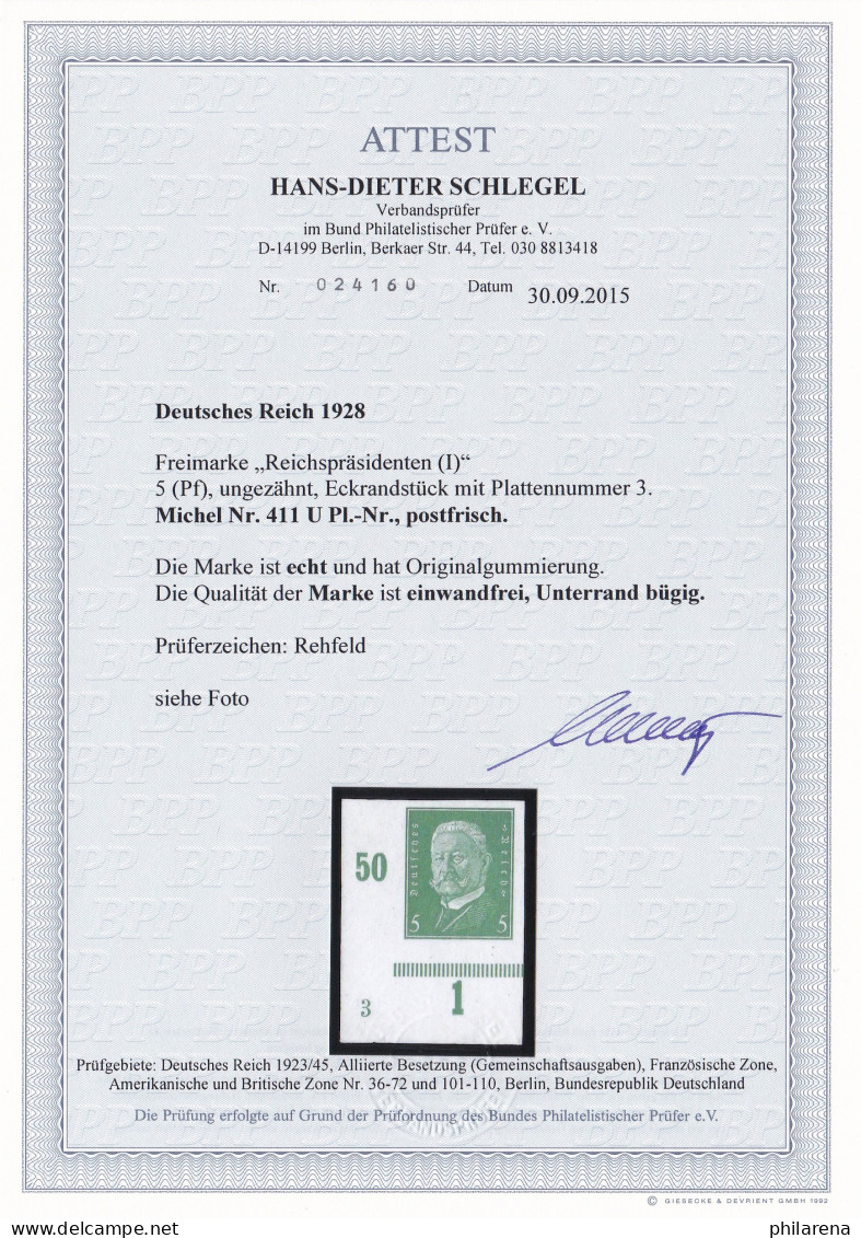 Deutsches Reich: MiNr. 411 U Mit Platten Nr., Eckrand, BPP Attest ** - Unused Stamps