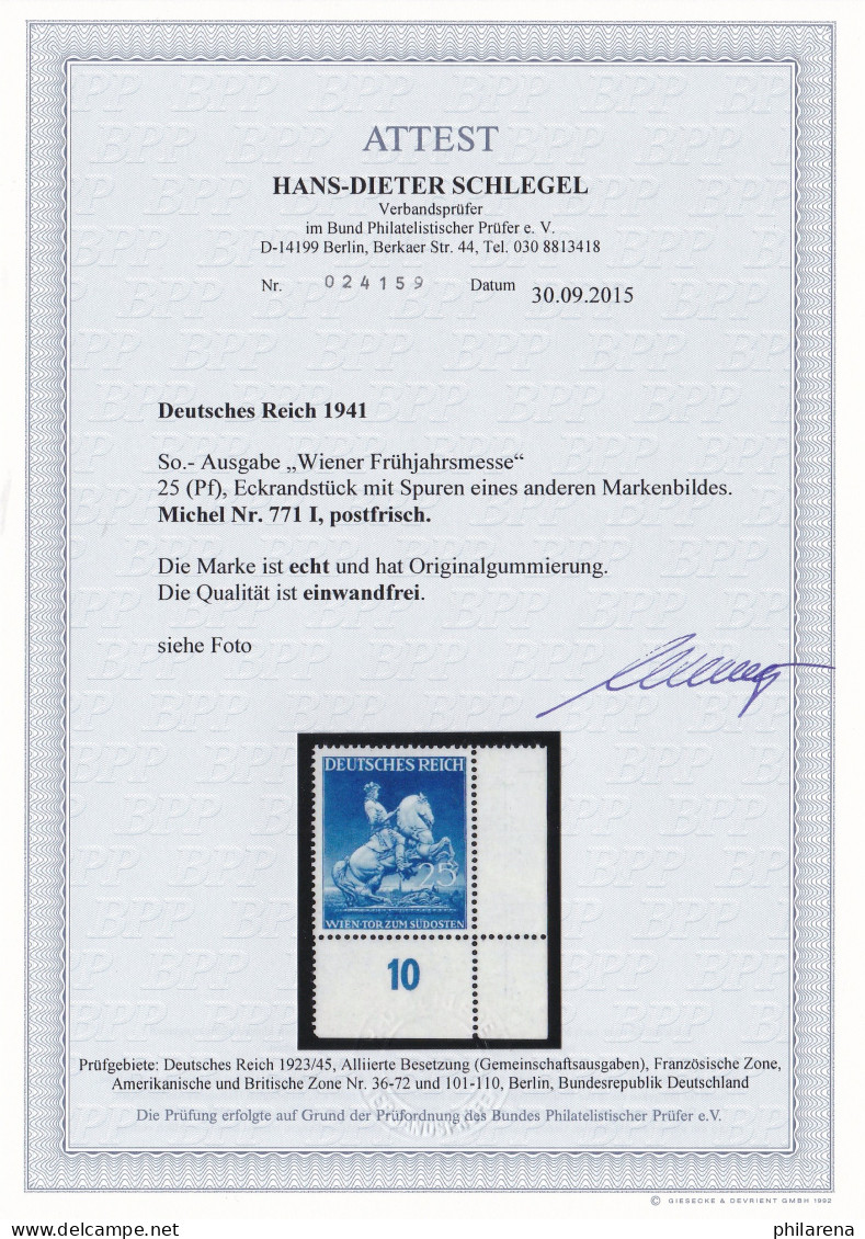 Deutsches Reich: MiNr. 771 I, **, Eckrand, BPP Attest - Neufs