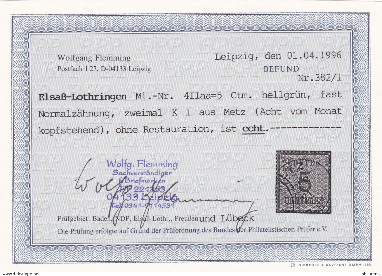 Elsaß-Lothringen: MiNr. 4 II Aa=5 Ctm, BPP Befund - Occupation 1914-18