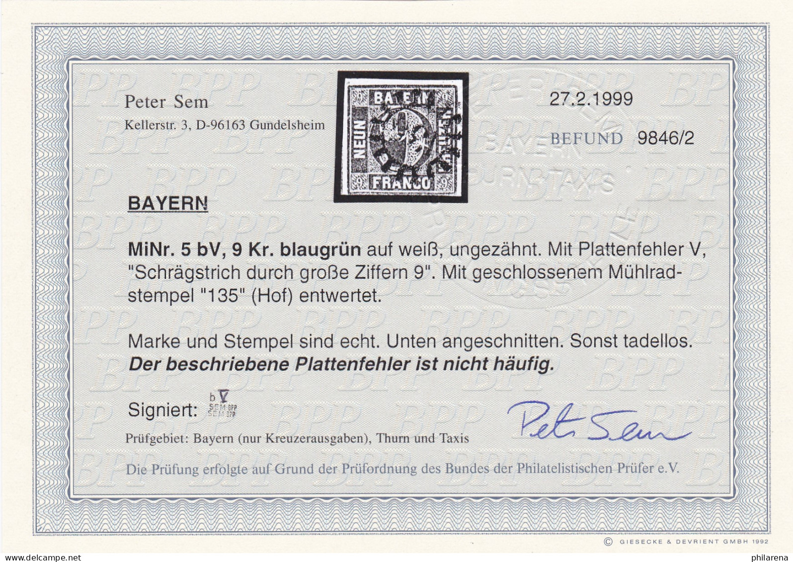 Bayern: MiNr. 5 BV, Mühlradstempel 135, BPP Befund, Plattenfehler - Used