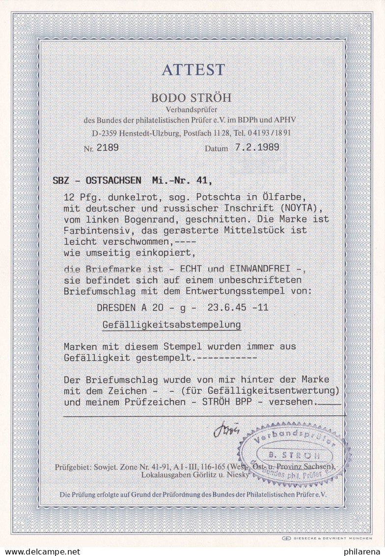 SBZ: MiNr. 41 ( BI B ), Stempel Dresden 1945, BPP Foto-Attest - Lettres & Documents