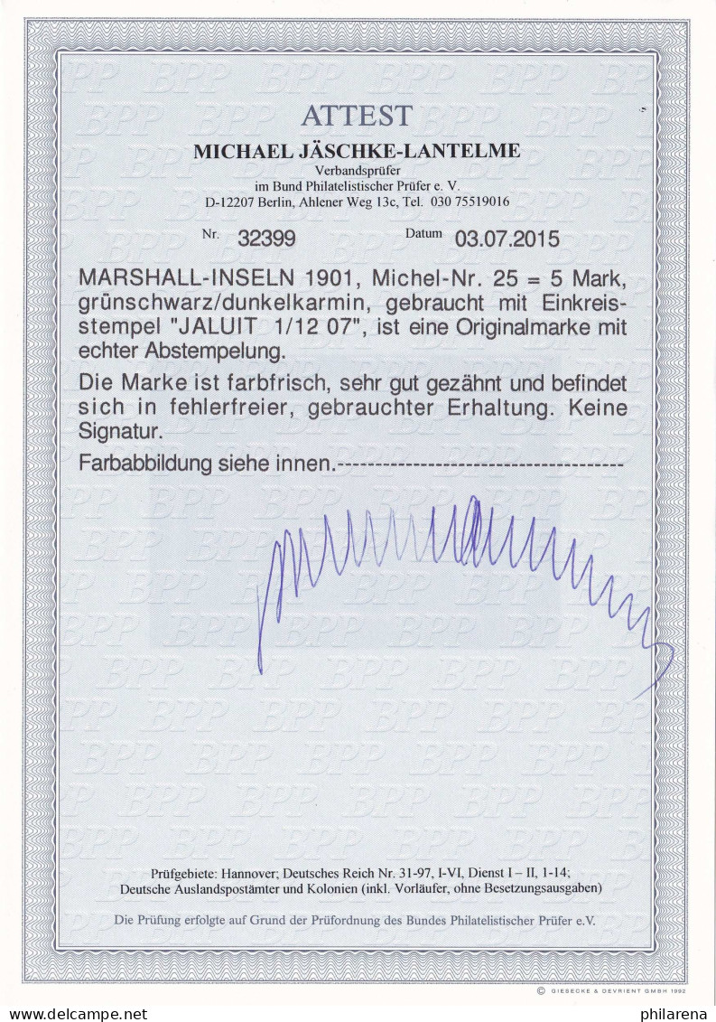 Marshall Inseln: 1901, MiNr. 25 - 5 Mark, Gestempelt, BPP Fotoattest - Marshall