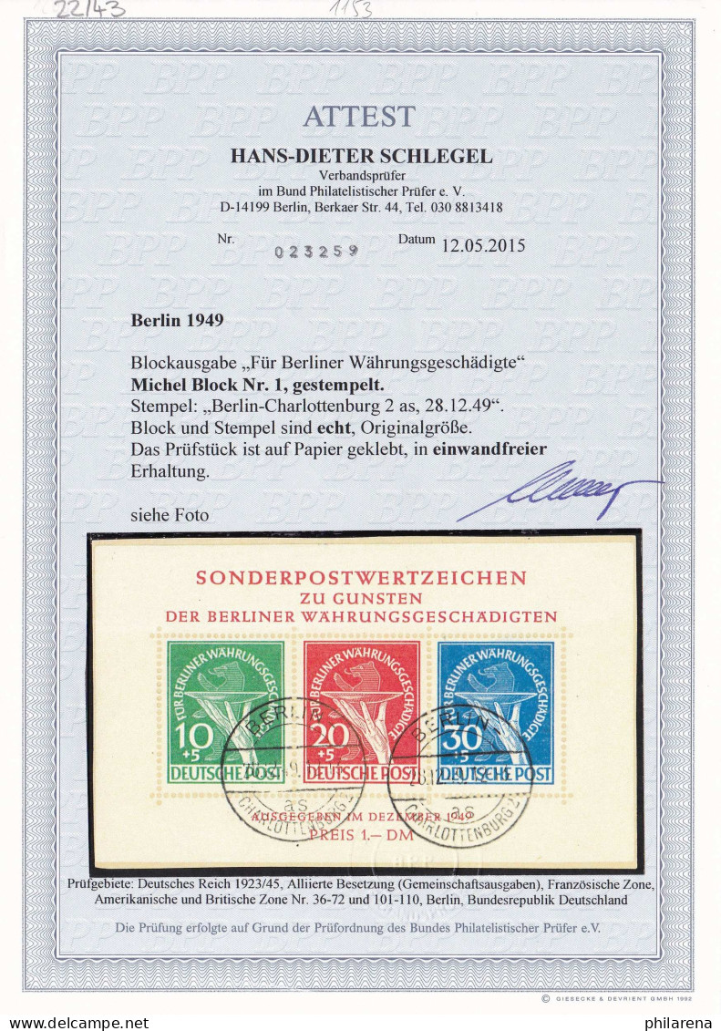 Berlin: Block Nr. 1, Gestempelt Mit BPP Foto Attest - Used Stamps