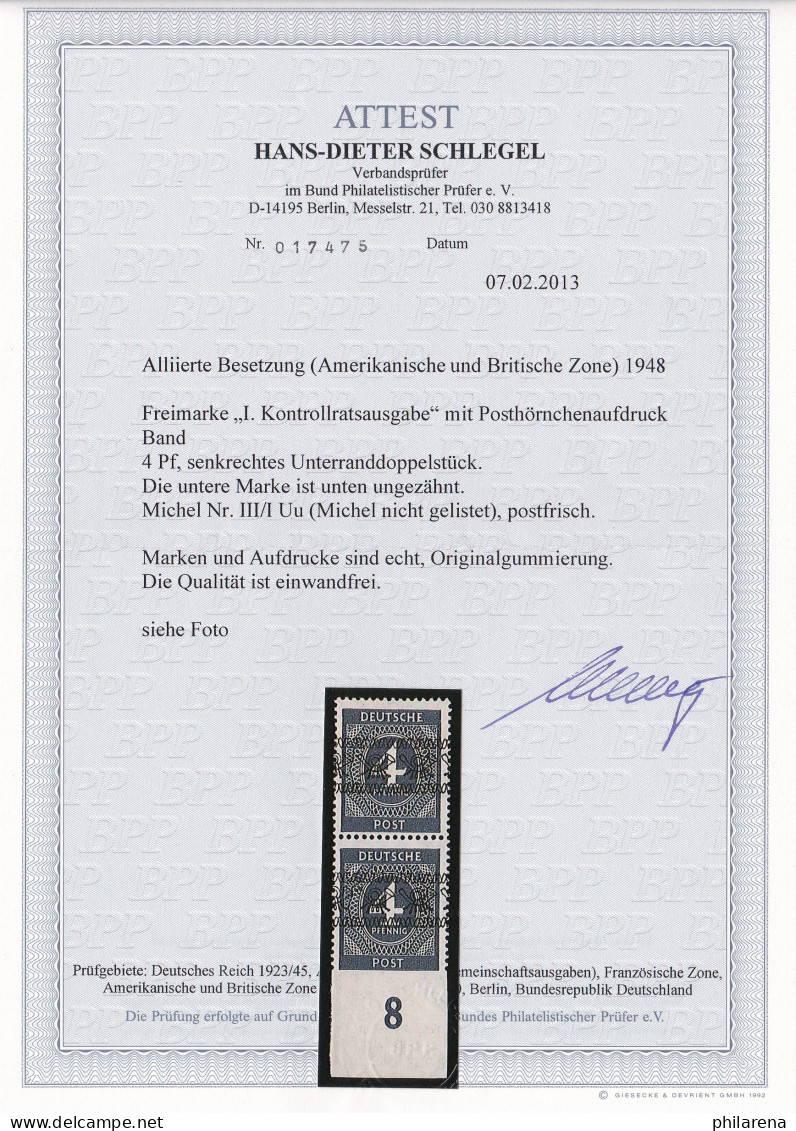 Alliierte Besetzung: MiNr. III/I Uu, **, Postfrisch, BPP Foto Attest - Mint