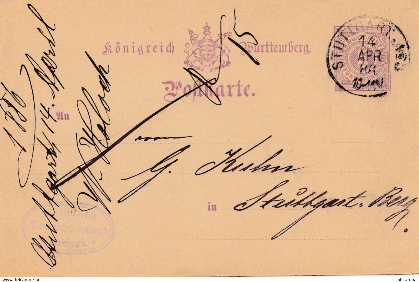 1886: Württemberg: Ganzsache Stuttgart, Rückseitig Werbung Fluss- Und Seefisch - Covers & Documents