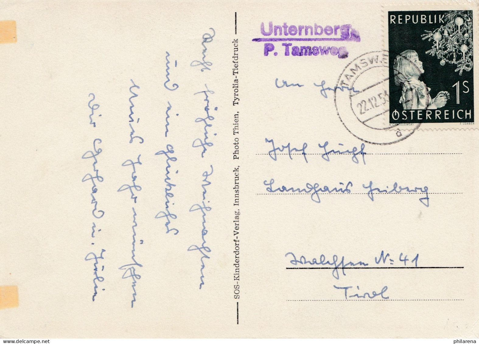 1953: Tamsweg - Unternberg - Weihnachtskarte - Briefe U. Dokumente