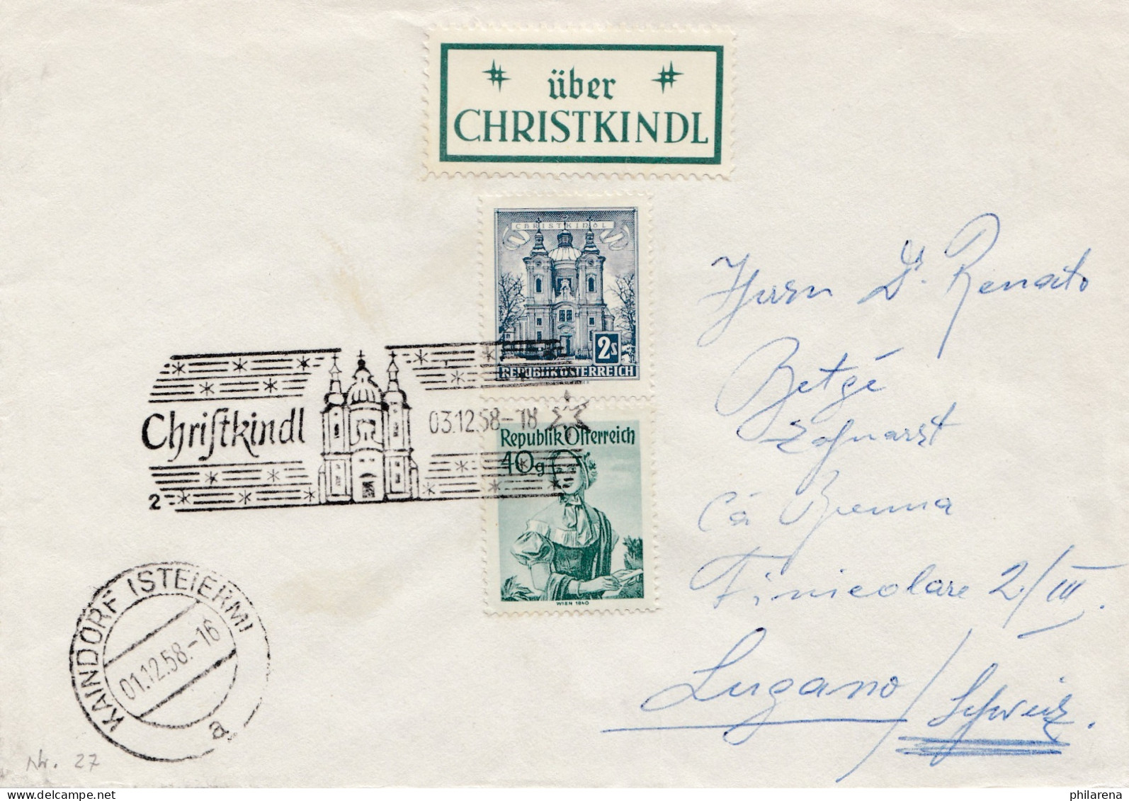 1958: Christkindl - Österreich Auf Brief Nach Lugano - Lettres & Documents