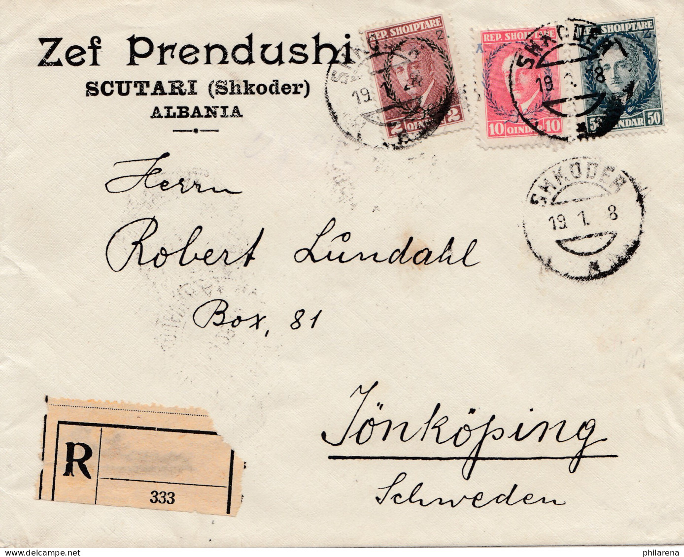 Albanien: 1928: Scutari/Shkoder To Sweden-registered - Albanie