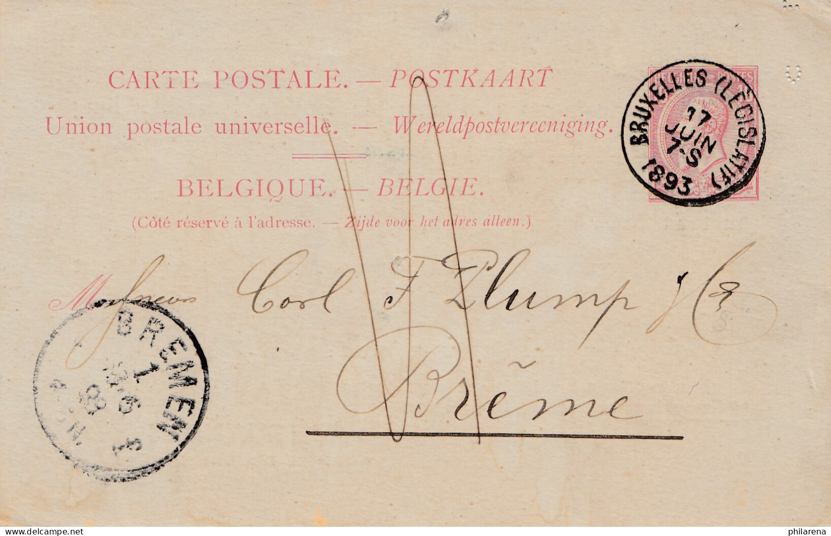 Belgien: 1893 Ganzsache Belgien Nach Bremen - Sonstige & Ohne Zuordnung