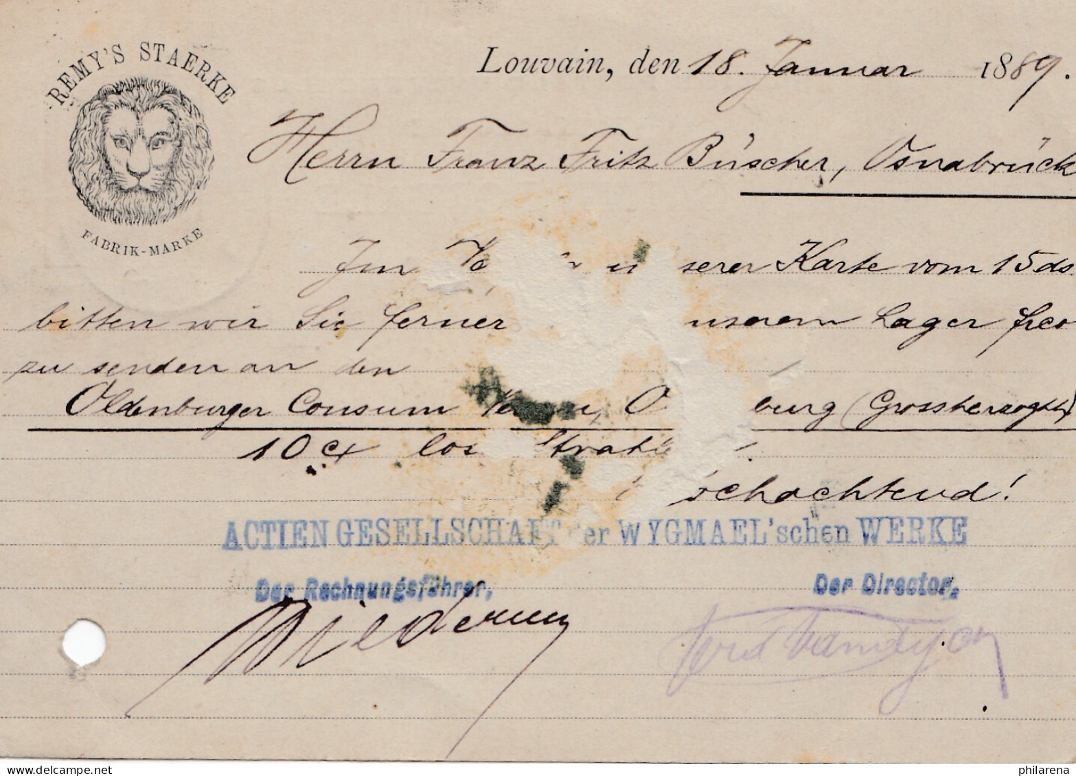 Belgien: 1889: Ganzsache Louvain Nach Deutschland-Mängel - Sonstige & Ohne Zuordnung