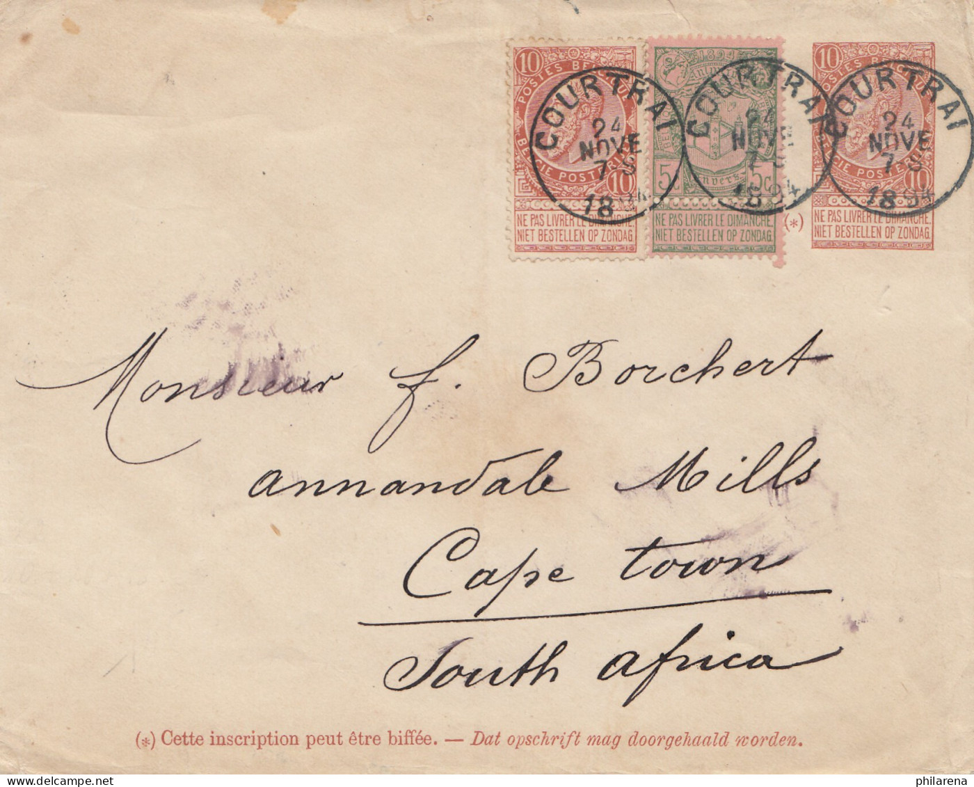 Belgien: 1894 Courtrai To Cape Town-South Africa - Autres & Non Classés