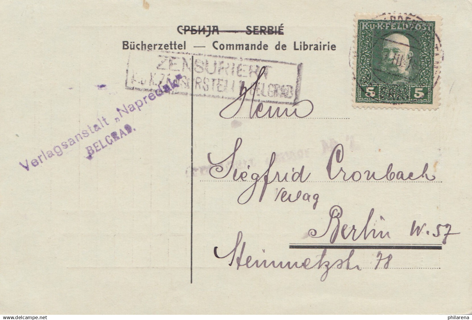 1918: Verlagsanstalt Belgrad Nach Berlin: Zensur - Lettres & Documents