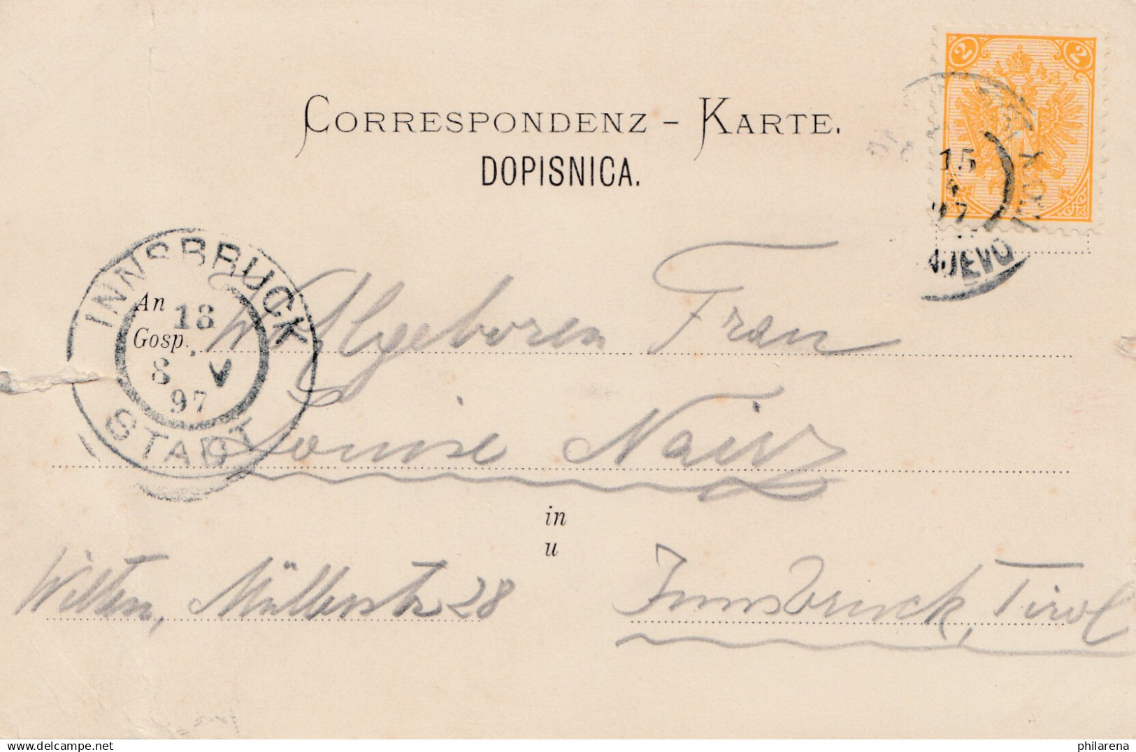 1897: Ansichtskarte Sarajevo Nach Insbruck/Tirol - Bosnia Erzegovina