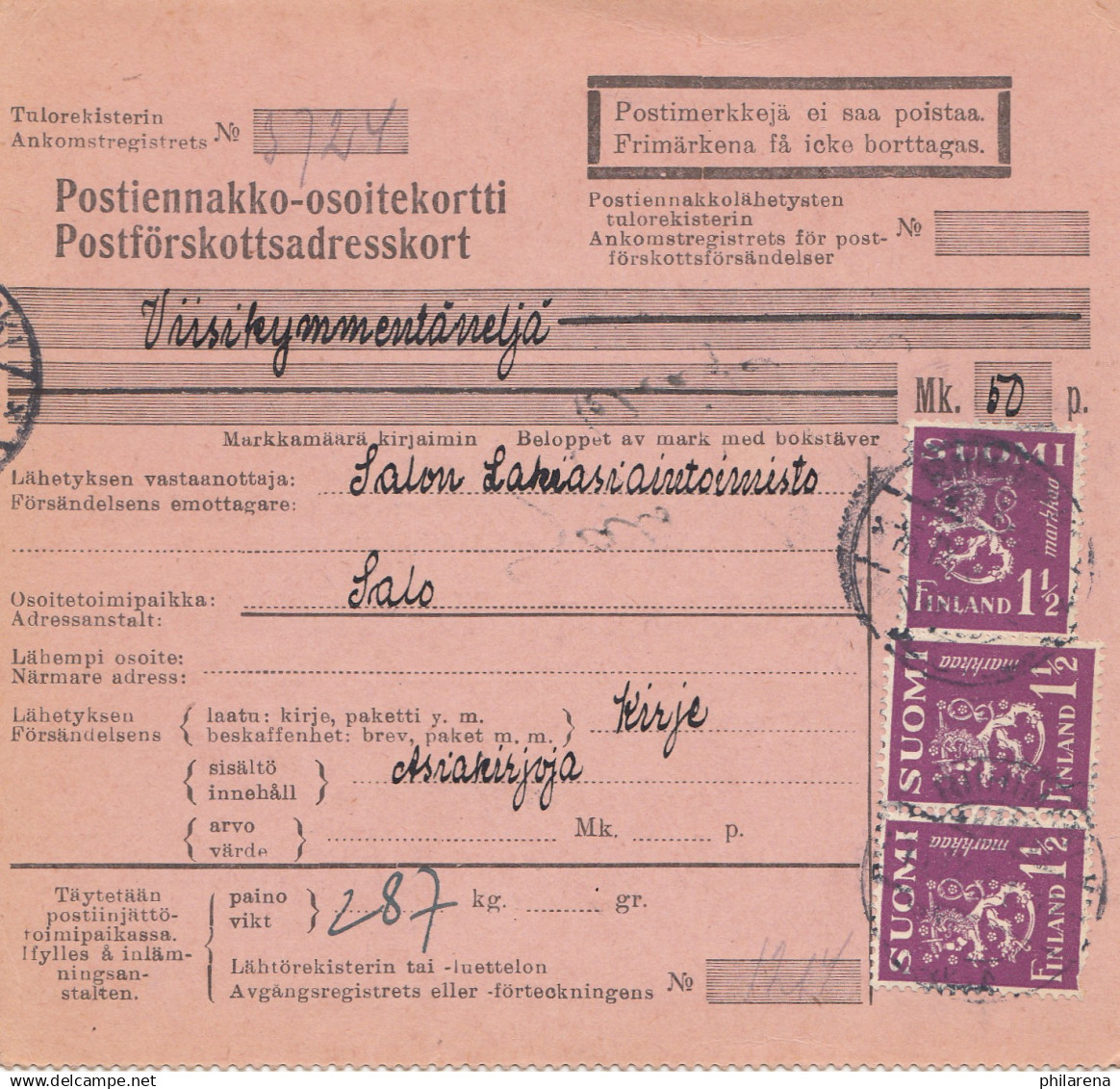 1931: Paketkarte Nach Salo - Other & Unclassified