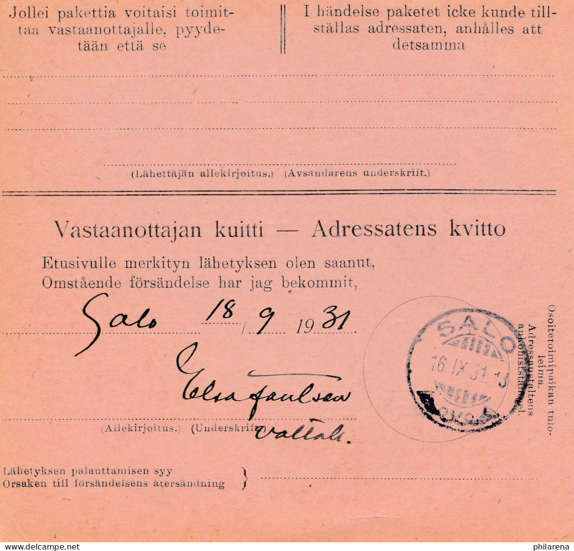 1931: Paketkarte Nach Salo - Autres & Non Classés