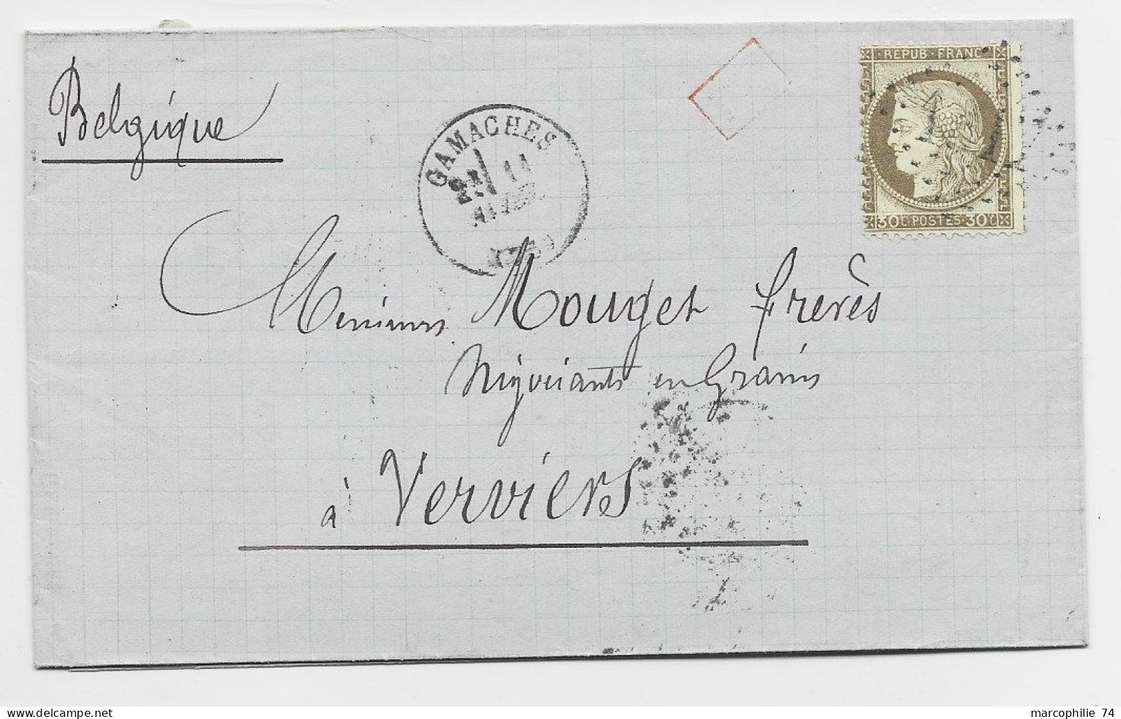 FRANCE CERES 30C N°56 SEUL LETTRE GC TYPE 16 GAMACHES 11 AVRIL 1875 SOMME  POUR BELGIQUE - 1849-1876: Classic Period