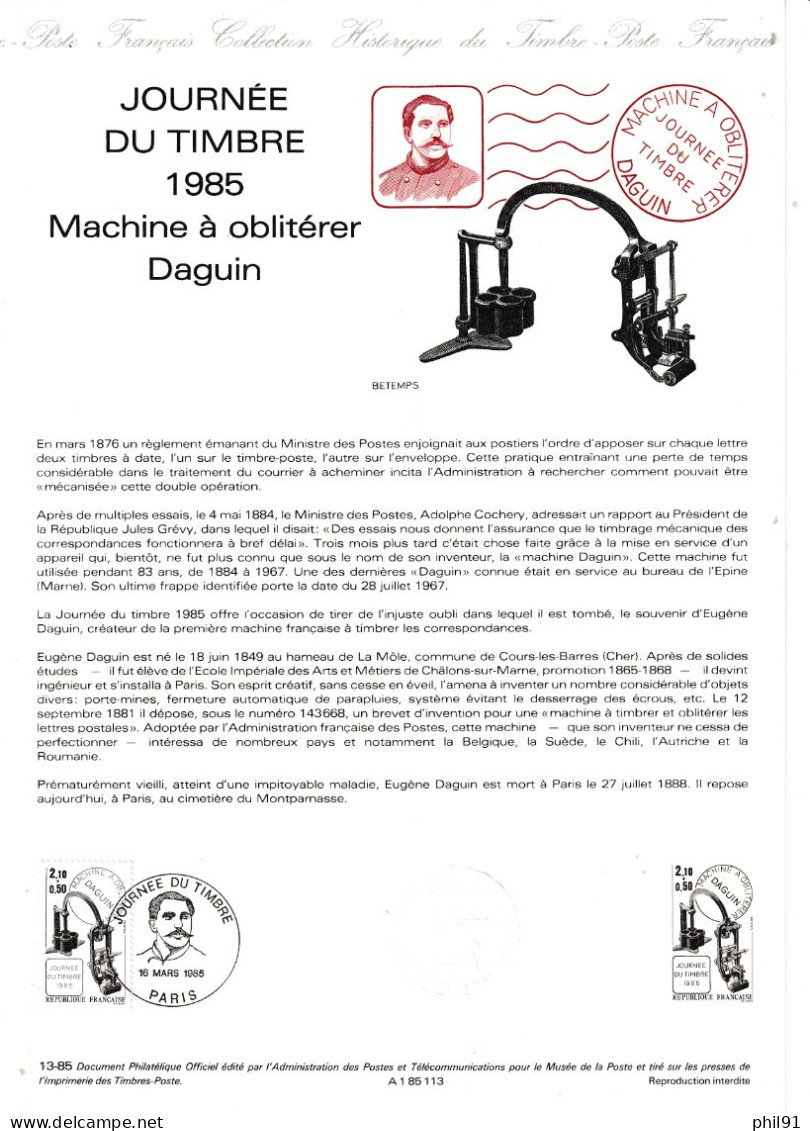 FRANCE    Document "Collection Historique Du Timbre Poste"  Journée Du Timbre 1985  Machine Daguin   N° Y&T  2362 - Documents Of Postal Services