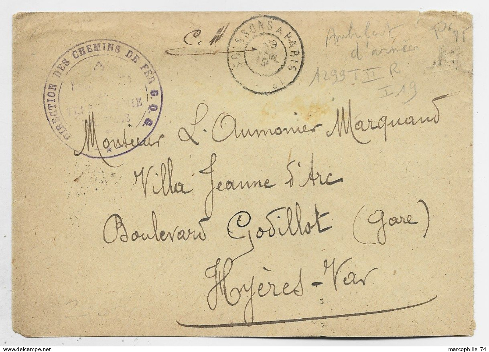 FRANCE LETTRE FRANCHISE  CHEMINS DE FER AMBULANT MOBILISATION SOISSONS A PARIS 1919 INDICE 19 COTE 420€ - Railway Post