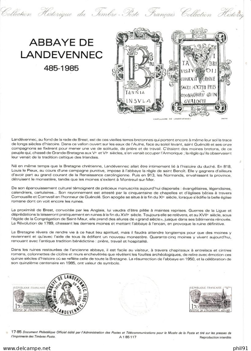 FRANCE    Document "Collection Historique Du Timbre Poste"  Abbaye De Landevennec     N° Y&T  2349 - Postdokumente