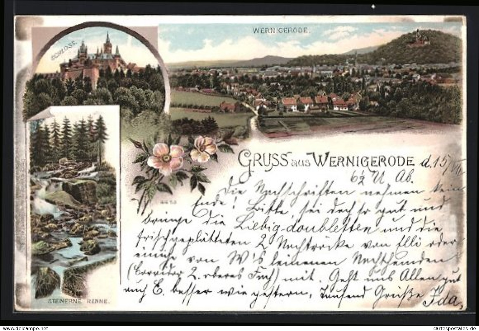 Lithographie Wernigerode, Schloss, Steinerne Renne, Ortsansicht  - Wernigerode