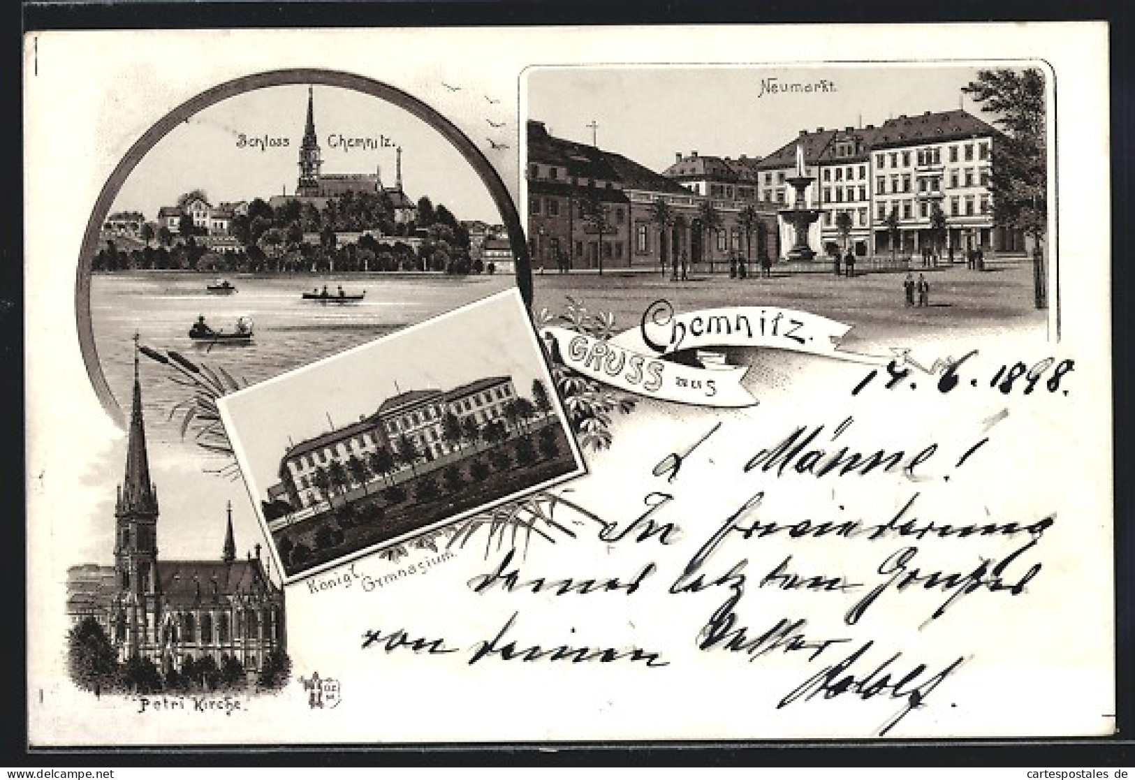 Lithographie Chemnitz, Schloss, Neumarkt, Petri-Kirche  - Chemnitz