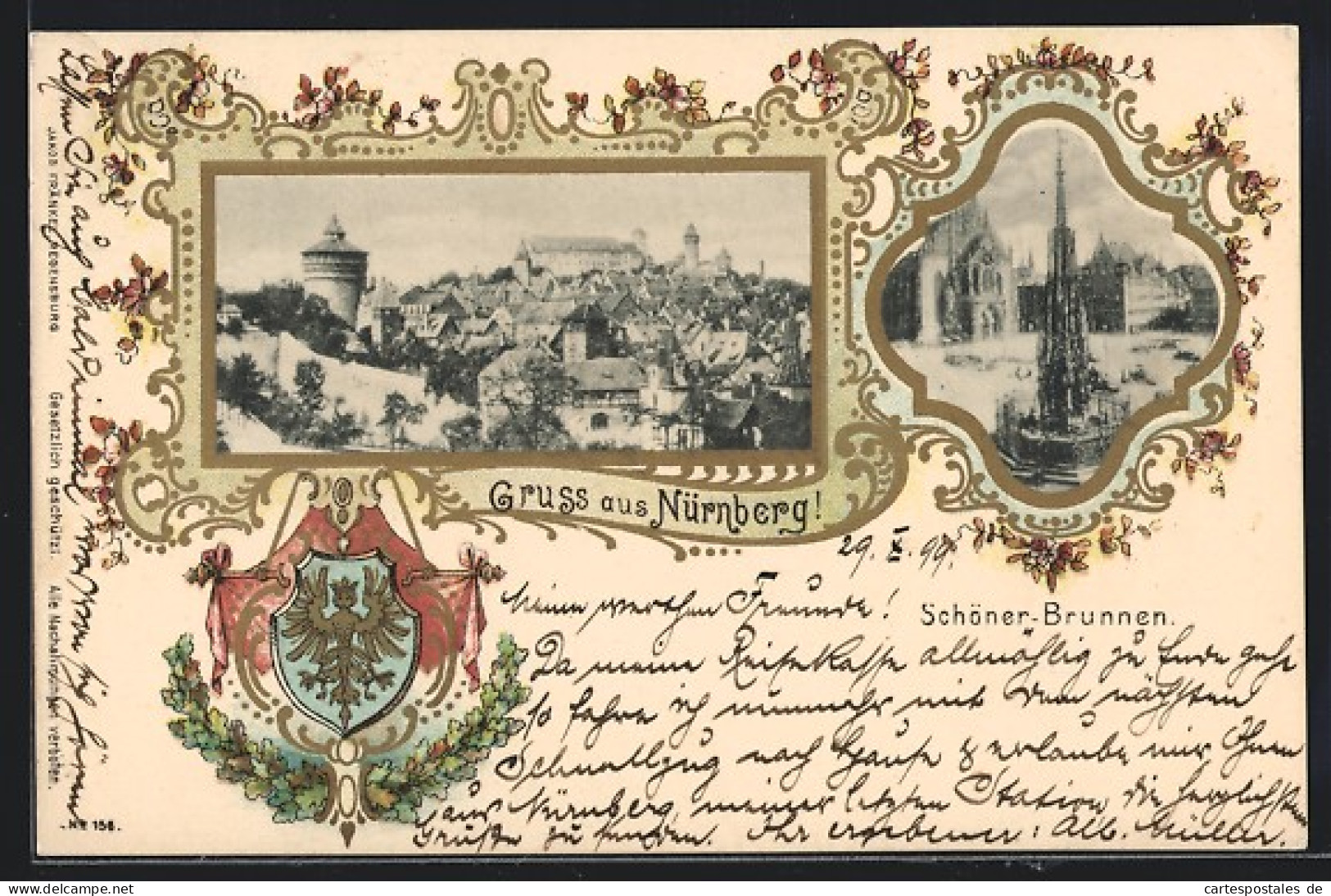 Lithographie Nürnberg, Schöner-brunnen, Teilansicht, Mit Wappen  - Nuernberg