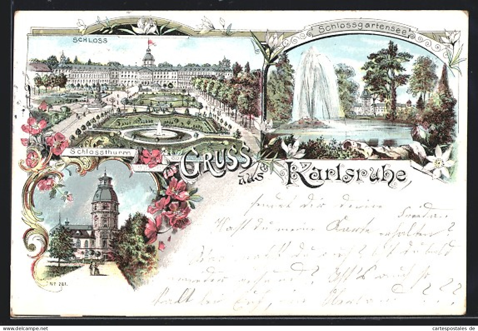 Lithographie Karlsruhe, Schloss, Schlossturm U. -gartensee  - Karlsruhe