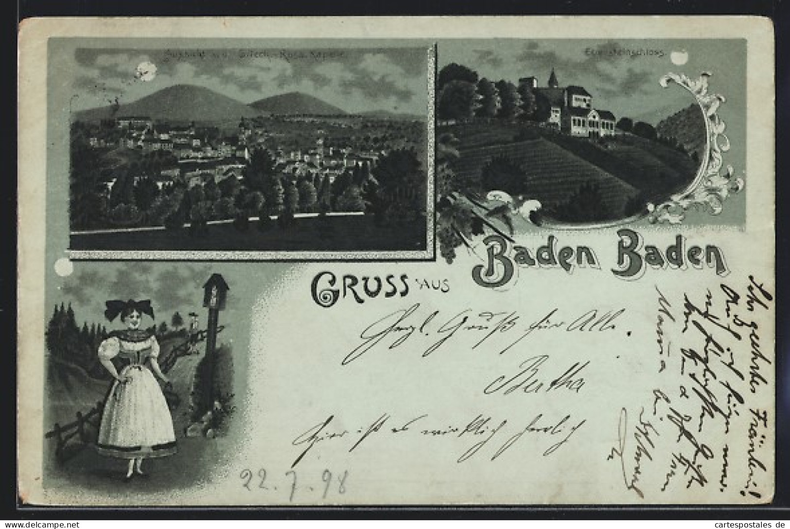 Lithographie Baden-Baden, Ebersteinschloss, Frau In Tracht, Ortsansicht  - Baden-Baden