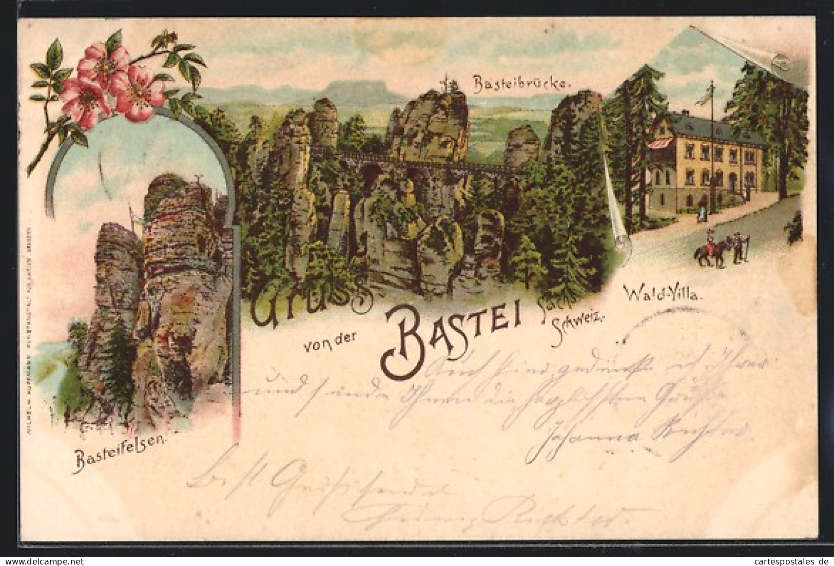 Lithographie Bastei, Gasthaus Wald-Villa, Basteibrücke  - Bastei (sächs. Schweiz)