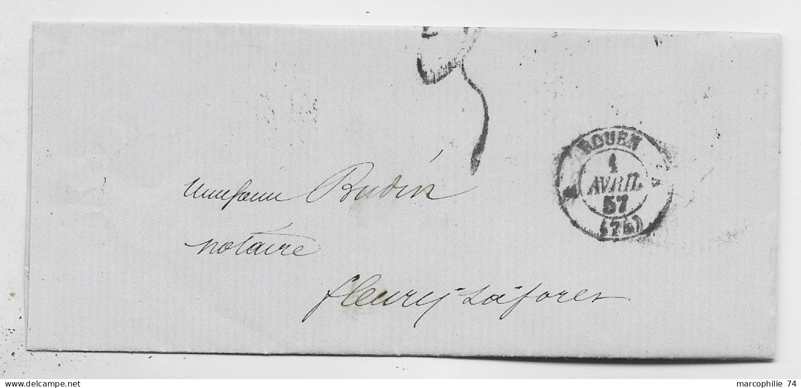 FRANCE TYPE 15 ROUEN 1 AVRIL 1857 + TAXE 3 TAMPON  LETTRE POUR FLEURY RARE - 1849-1876: Classic Period