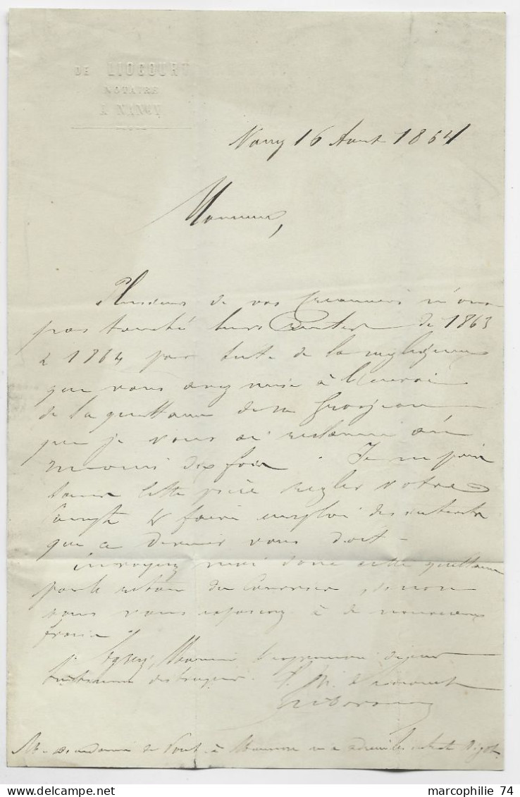 FRANCE AMBULANT STRASBOURG A PARIS A 16 AOUT 1864 + TAXE 30 DT LETTRE NANCY  POUR MOSELLE INDICE 17 COTE 240€ - Poste Ferroviaire